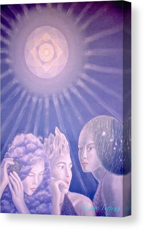 Surrealistic Painting Canvas Print featuring the painting Three Graces in blue #2 by George Tuffy