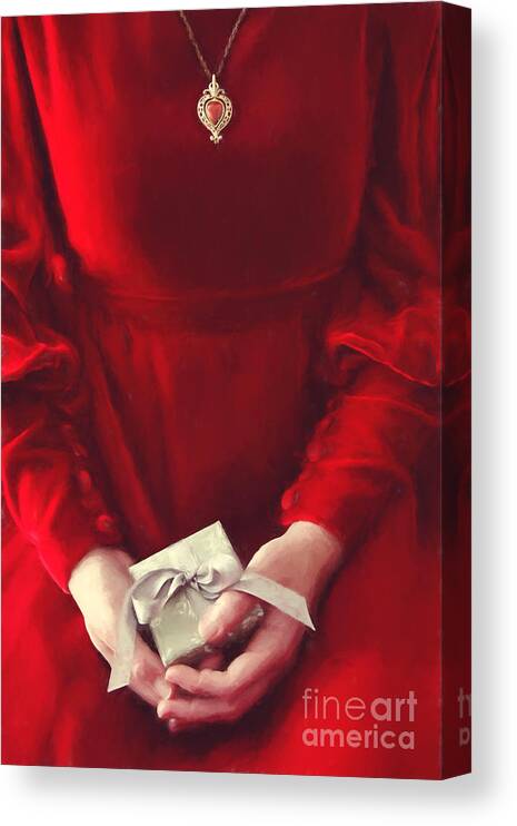Atmosphere Canvas Print featuring the photograph Woman in red dress holding gift/ digital painting by Sandra Cunningham