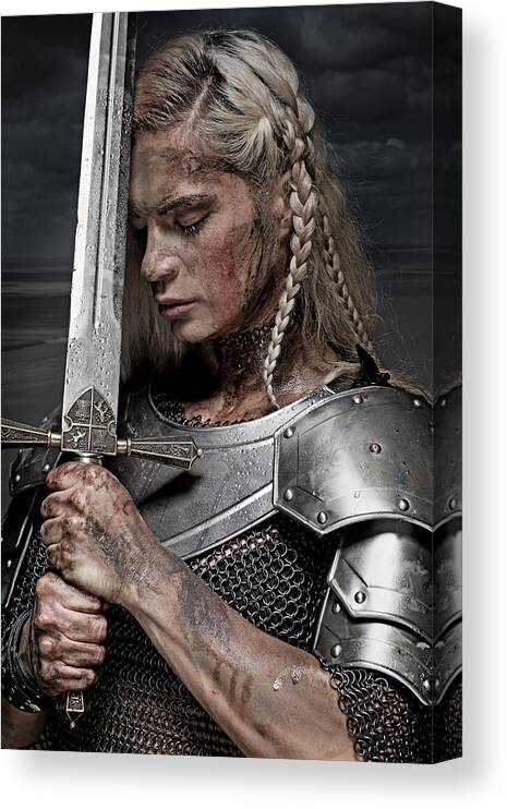 Handsome People Canvas Print featuring the photograph Beautiful Blonde Sword wielding viking warrior female #2 by Lorado