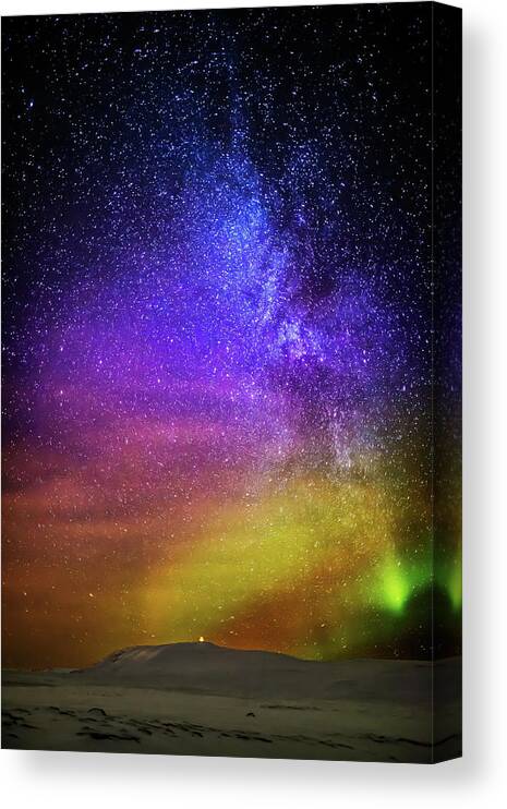Majestic Canvas Print featuring the photograph Milky Way And Aurora Borealis, Iceland #2 by Arctic-images
