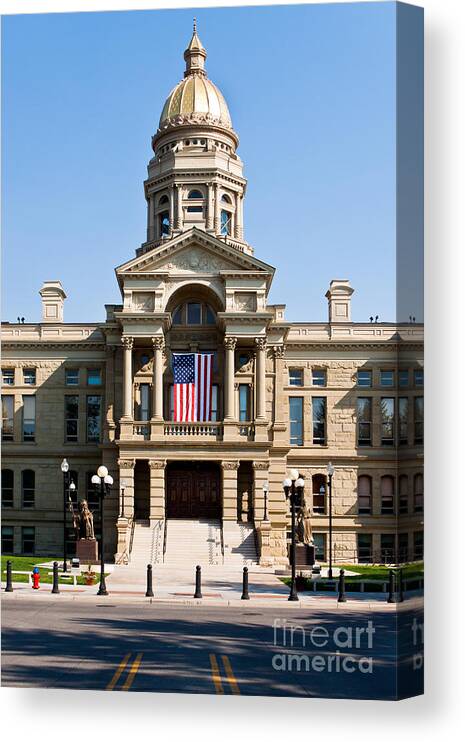 American Flag Canvas Print featuring the photograph Wyoming State Capital #2 by Lawrence Burry