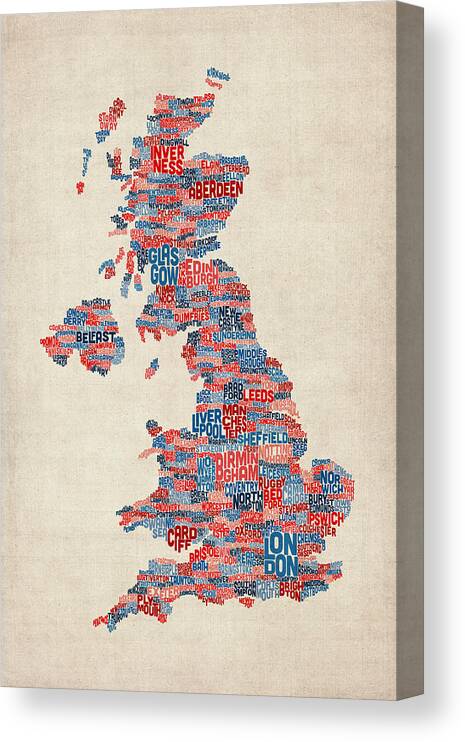 United Kingdom Canvas Print featuring the digital art Great Britain UK City Text Map #21 by Michael Tompsett