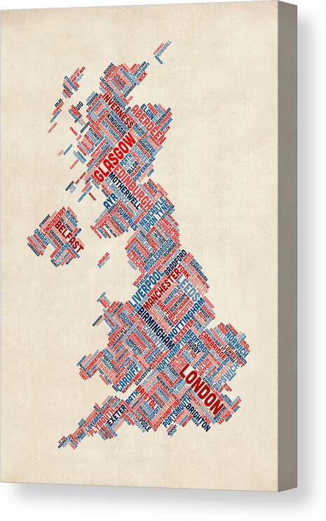 United Kingdom Canvas Print featuring the digital art Great Britain UK City Text Map #24 by Michael Tompsett