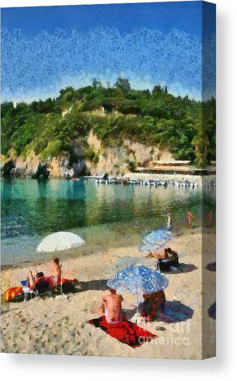 Corfu; Kerkyra; Paleokastritsa; Beach; People; Tourists; Swim; Island; Swimming; Sunbathing; Suntanning; Suntan; Tanning; Relaxing; Relaxation; Sea; Clear Water; Transparent Water; Islands; Holidays; Vacation; Travel; Trip; Voyage; Journey; Tourism; Touristic; Summer; Umbrellas; Parasols; Sunshades; Sun Beds; Sea Beds; Ionion; Ionian; Greece; Hellas; Greek; Hellenic; Europe; Paint; Painting; Paintings; Palaiokastritsa Canvas Print featuring the painting Paleokastritsa beach #5 by George Atsametakis