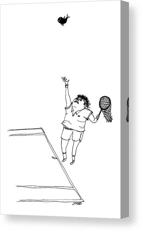 Captionless Tennis Canvas Print featuring the drawing A Tennis Player Holds A Fishing Net Instead by Edward Steed