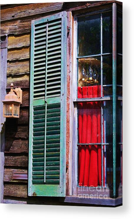 Art From Florida Building Architectural Urban St. Augustine Green Louvered Shutter Red Curtain Old Lantern Wine Glasses Old Window Whimsical Subject Wood Vertical Format Wood Print Canvas Print Poster Print Metal Frame Available On Mugs Invitation To A Party Cards Greeting Cards Tote Bags Phone Cases Spiral Notebooks T Shirts Shower Curtains And Mugs Canvas Print featuring the photograph A Window In St. Augustine Florida by Marcus Dagan
