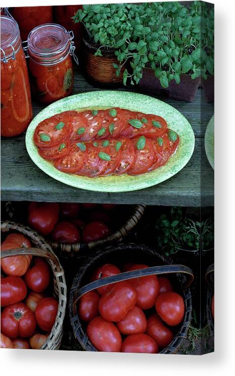 Food Canvas Print featuring the photograph A Wine & Food Cover Of Tomatoes by Susan Wood