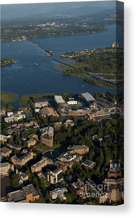 Bellevue Skyline Canvas Print featuring the photograph Aerial view of the new Husky stadium by Jim Corwin