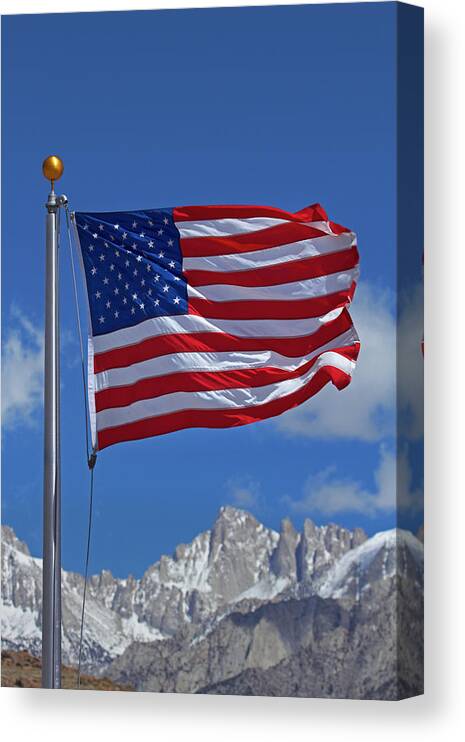 American Flag Canvas Print featuring the photograph American Flag And Snow On Sierra Nevada by David Wall
