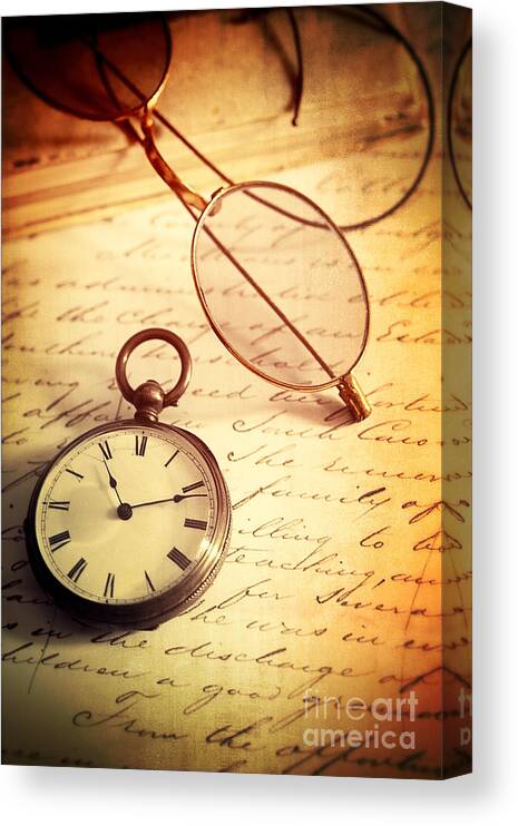 Aged Canvas Print featuring the photograph Antique pocket watch with glasses on letter by Sandra Cunningham