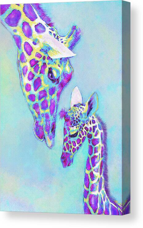 Jane Schnetlage Canvas Print featuring the digital art Aqua And Purple Loving Giraffes by Jane Schnetlage