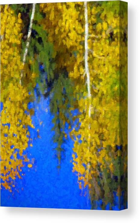 Autumn Close Up Image Of Yellow Colored Aspen And Pine Trees And Blue Sky Reflecting In Water Canvas Print featuring the photograph Aspen Reflection by Pat Now