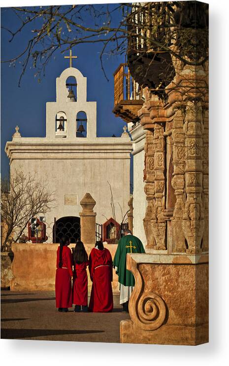 Mission San Javier Del Bac Canvas Print featuring the photograph At His Service by Priscilla Burgers