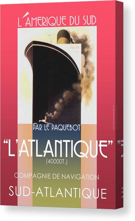 Vintage French Travel Poster Updated/redone And New Colors Added... Vintage Look... Canvas Print featuring the digital art French Travel Poster Advertisement Atlantique by Steven Boland