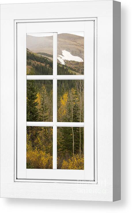 Windows Canvas Print featuring the photograph Autumn Rocky Mountain Glacier View Through a White Window Frame by James BO Insogna