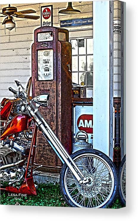Chopper; Vehicle Canvas Print featuring the photograph Aztec and the Gas Pump by Lesa Fine