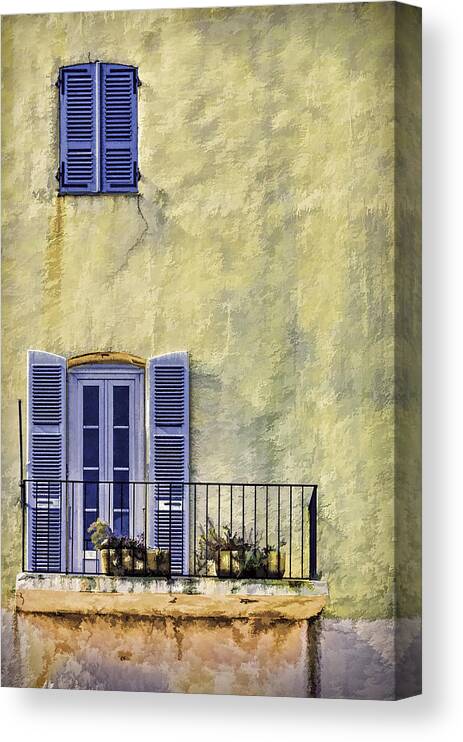 Aged Canvas Print featuring the photograph Blue Shutters by Maria Coulson