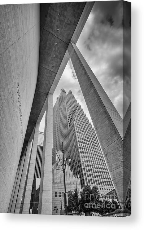 Downtown Canvas Print featuring the photograph Bank of America Building through the Pillars of the Jesse Jones Hall - Houston Texas by Silvio Ligutti