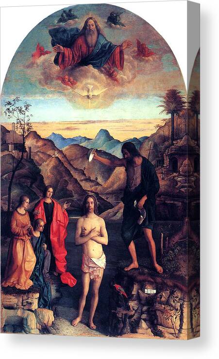 Baptism Of Christ Canvas Print featuring the painting Baptism of Christ with Saint John 1502 Giovanni Bellini by Karon Melillo DeVega