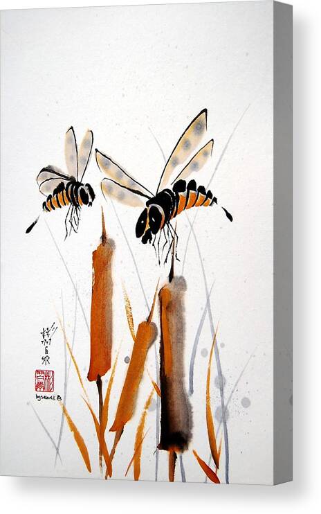 Chinese Brush Painting Canvas Print featuring the painting Bee-ing Present by Bill Searle