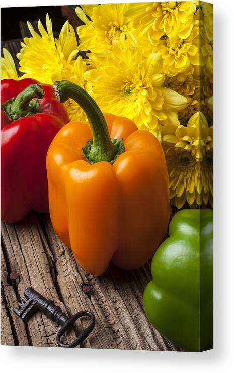 Bell Canvas Print featuring the photograph Bell peppers and poms by Garry Gay