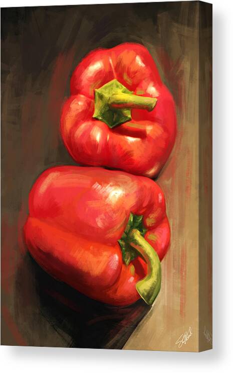 Still Life Vegetables Bell Peppers Red Kitchen Art Canvas Print featuring the digital art Bell Peppers by Steve Goad