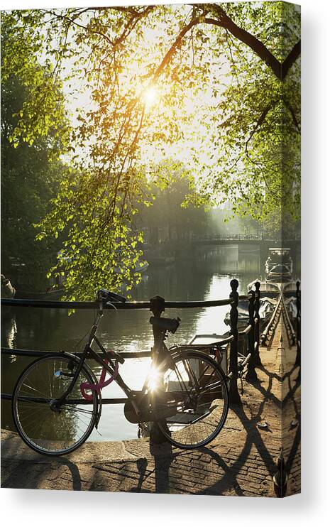 Shadow Canvas Print featuring the photograph Bicycle And Bridge Over Brouwersgracht by Buena Vista Images