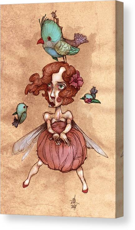 Illustration Art Canvas Print featuring the painting Birds On Head Woman by Autogiro Illustration
