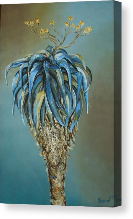 Turquoise Canvas Print featuring the painting Blue Aloe with Yelow Flowers by Sunel De Lange
