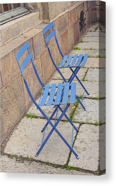 Europe Canvas Print featuring the photograph Blue chairs 2 Stockholm Sweden by Marianne Campolongo