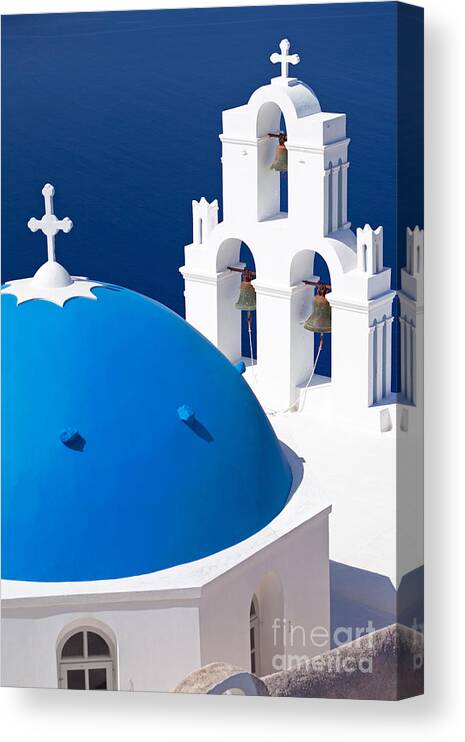 Santorini Canvas Print featuring the photograph Blue dome church by Aiolos Greek Collections