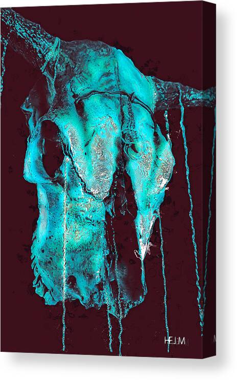 Cow Mixed Media Canvas Print featuring the photograph Blue Skulls at Night by Mayhem Mediums