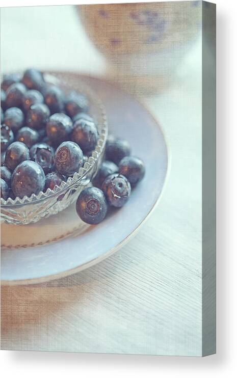 Large Group Of Objects Canvas Print featuring the photograph Blueberries In Glass Dish by Isabelle Lafrance Photography