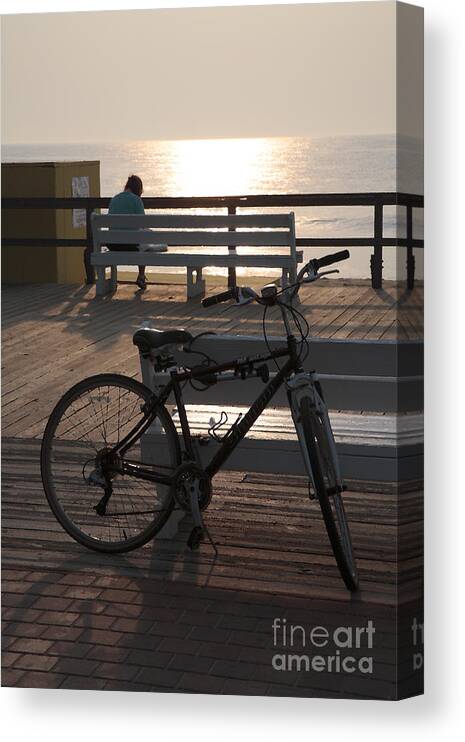 Bike Canvas Print featuring the digital art Boardwalk Bicycle at Sunrise with watercolor effect by William Kuta
