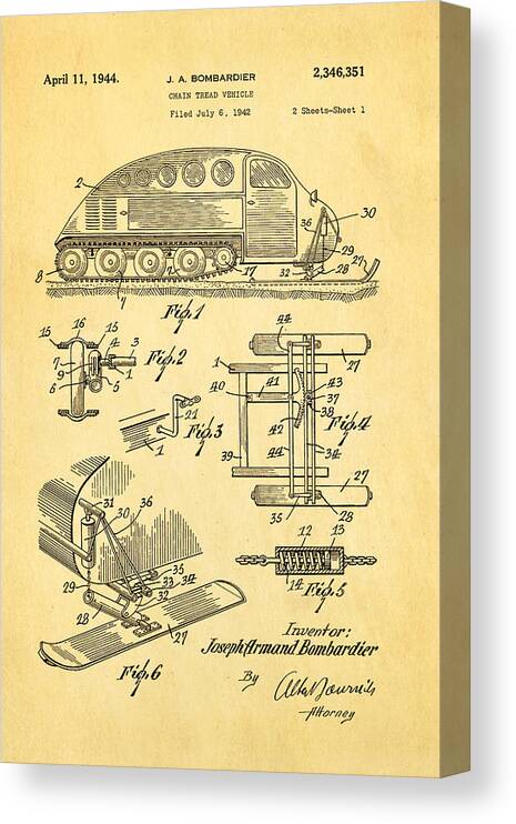 Automotive Canvas Print featuring the photograph Bombardier Chain Tread Vehicle Patent Art 1944 by Ian Monk