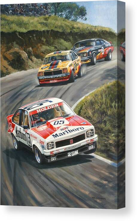 Peter Brock Canvas Print featuring the painting 'Brock's Bathurst 1979' by Colin Parker