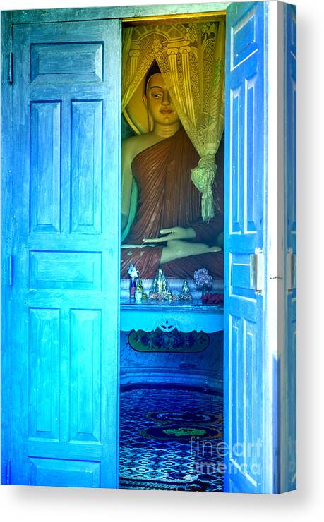 Buddha Canvas Print featuring the photograph Buddha Behind A Blue Door by Gina Koch