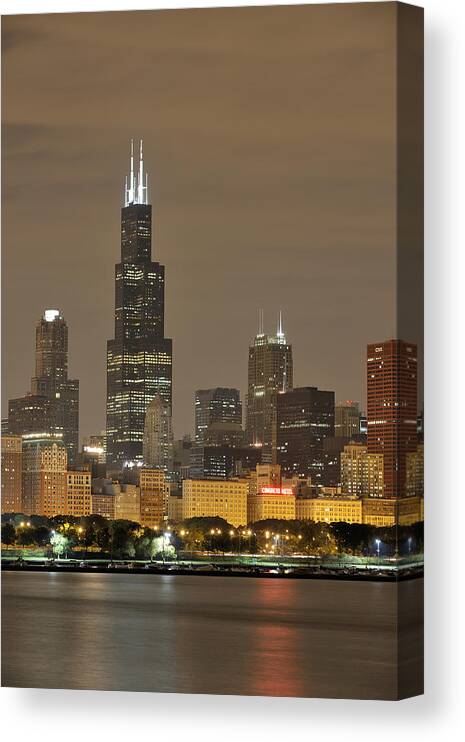 Chicago Skyline Canvas Print featuring the photograph Chicago Skyline at Night by Sebastian Musial