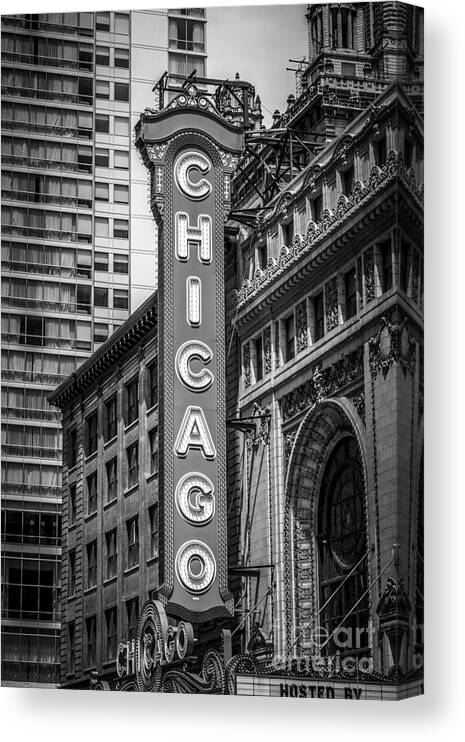 America Canvas Print featuring the photograph Chicago Theater Sign in Black and White by Paul Velgos