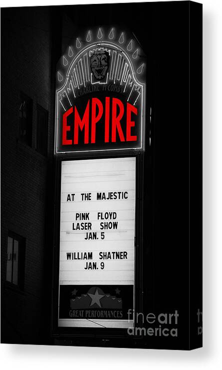 Empire Canvas Print featuring the photograph Classic Empire Theater Illuminated Marquee Sign with Pink Floyd and William Shatner Color Splash by Shawn O'Brien