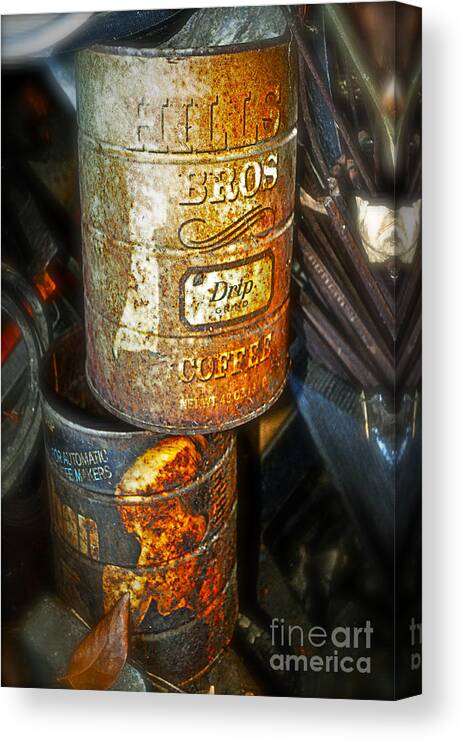 Coffee Nostalgia Old Tin Rust Hills Bros Can Yuban Junk Recycle Trash Caffeine Caffeinated Gwyn Newcombe Canvas Print featuring the photograph Coffee Nostalgia by Gwyn Newcombe