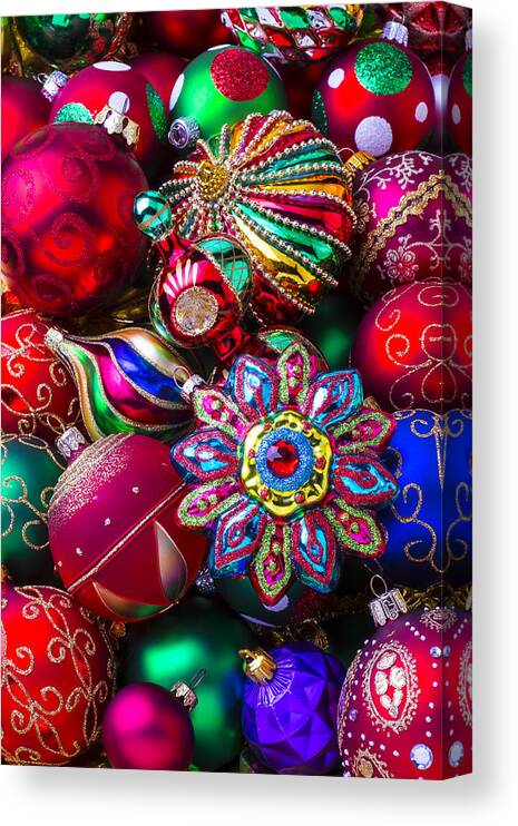 Red Fancy Canvas Print featuring the photograph Colorful Christmas Ornaments by Garry Gay
