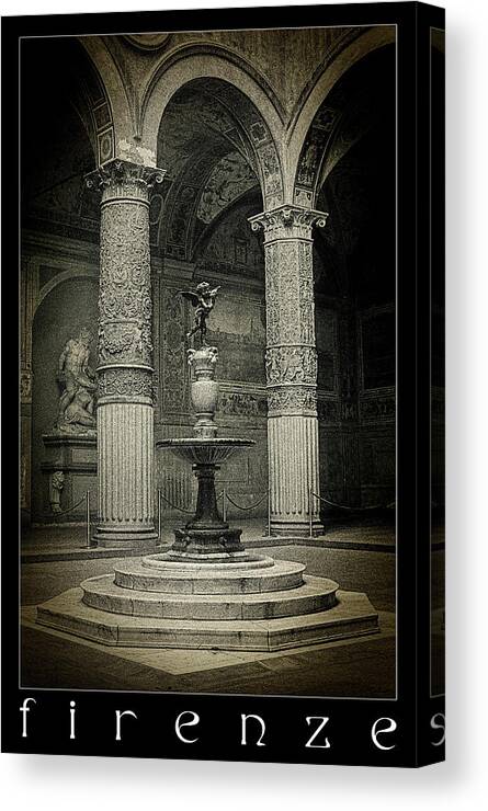 Courtyard Palazzo Becchio Canvas Print featuring the photograph Courtyard Fountain lomo by Weston Westmoreland