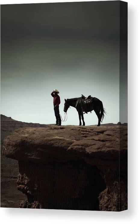 Horse Canvas Print featuring the photograph Cowboy And Horse In The American by Yinyang