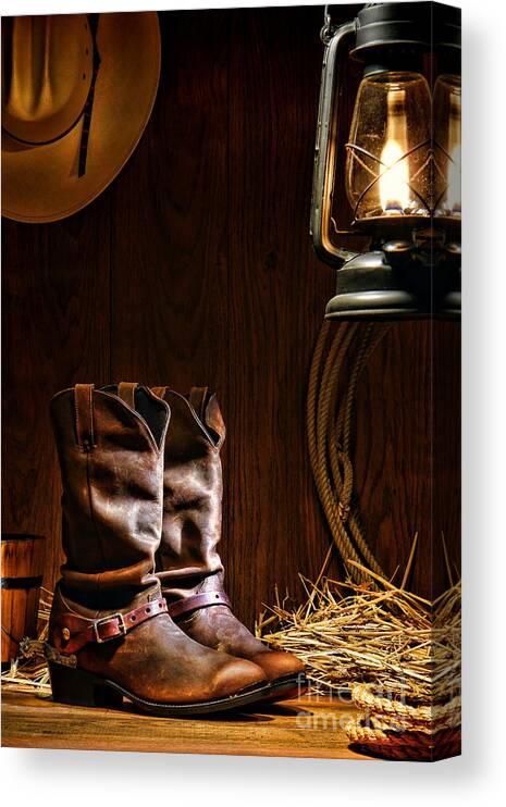 Western Canvas Print featuring the photograph Cowboy Boots at the Ranch by Olivier Le Queinec