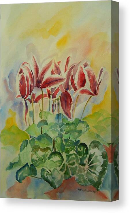 Cyclamen Canvas Print featuring the painting Cyclamen still life in Watercolor by Geeta Yerra