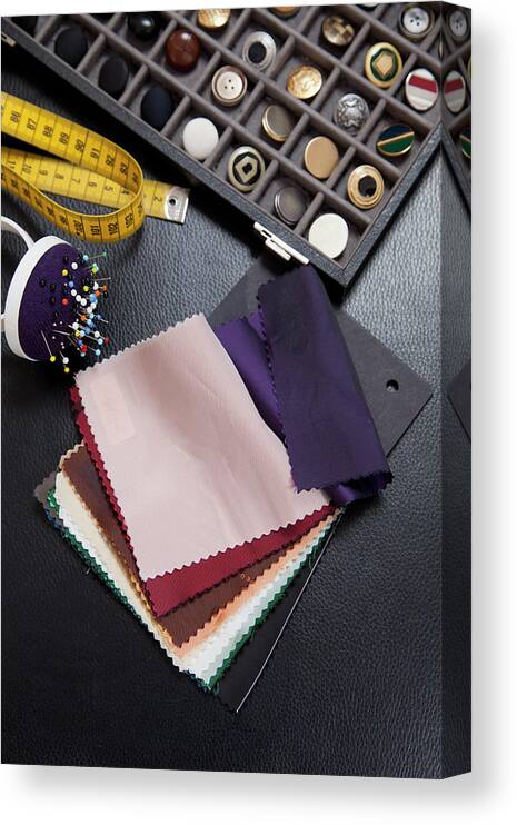 Material Canvas Print featuring the photograph Detail Of Fabric Samples, Buttons, And by Hudzilla