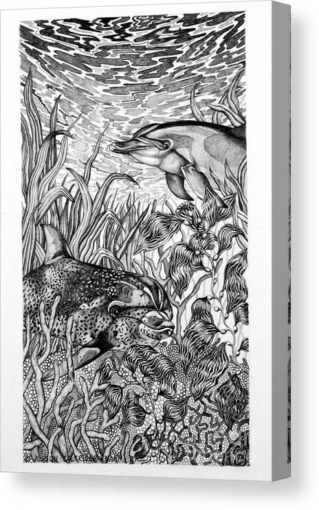 Dolphins Canvas Print featuring the drawing Dolphins at Play by Alison Caltrider