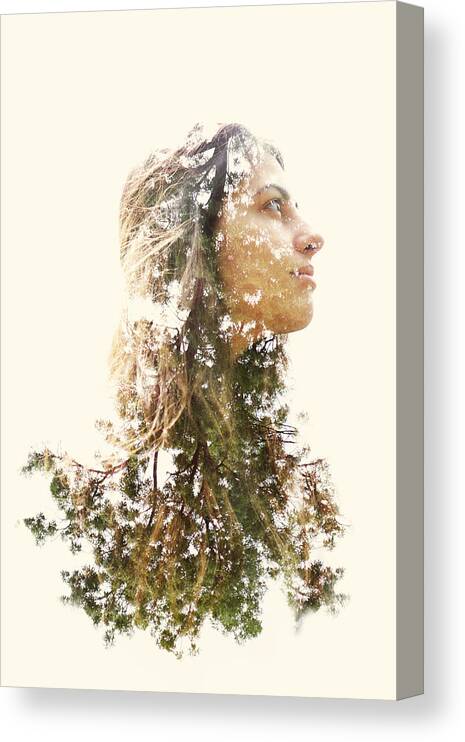 People Canvas Print featuring the photograph Double exposure of a young woman and trees by Owl Stories