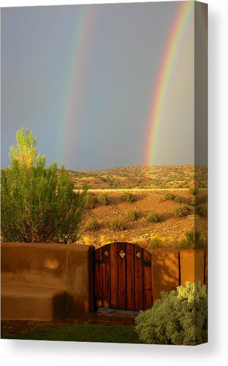 Landscapes Canvas Print featuring the photograph Double Rainbow Beyond the Gate by Mary Lee Dereske